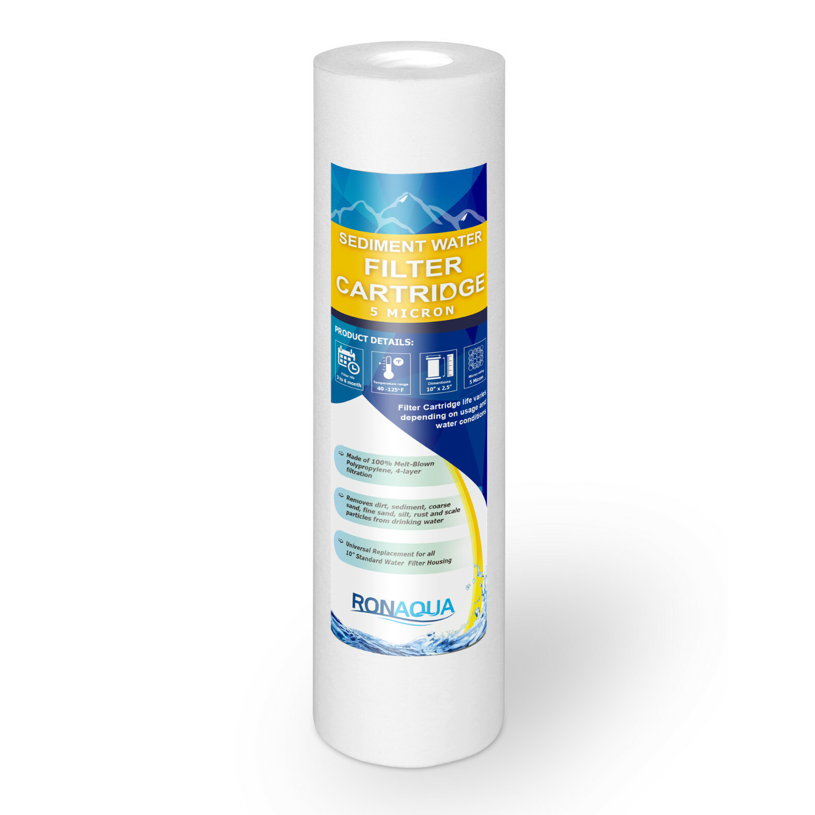 Sediment Water Filter Cartridge 5 Micron 10"x 2.5", Four Layers of Filtration,