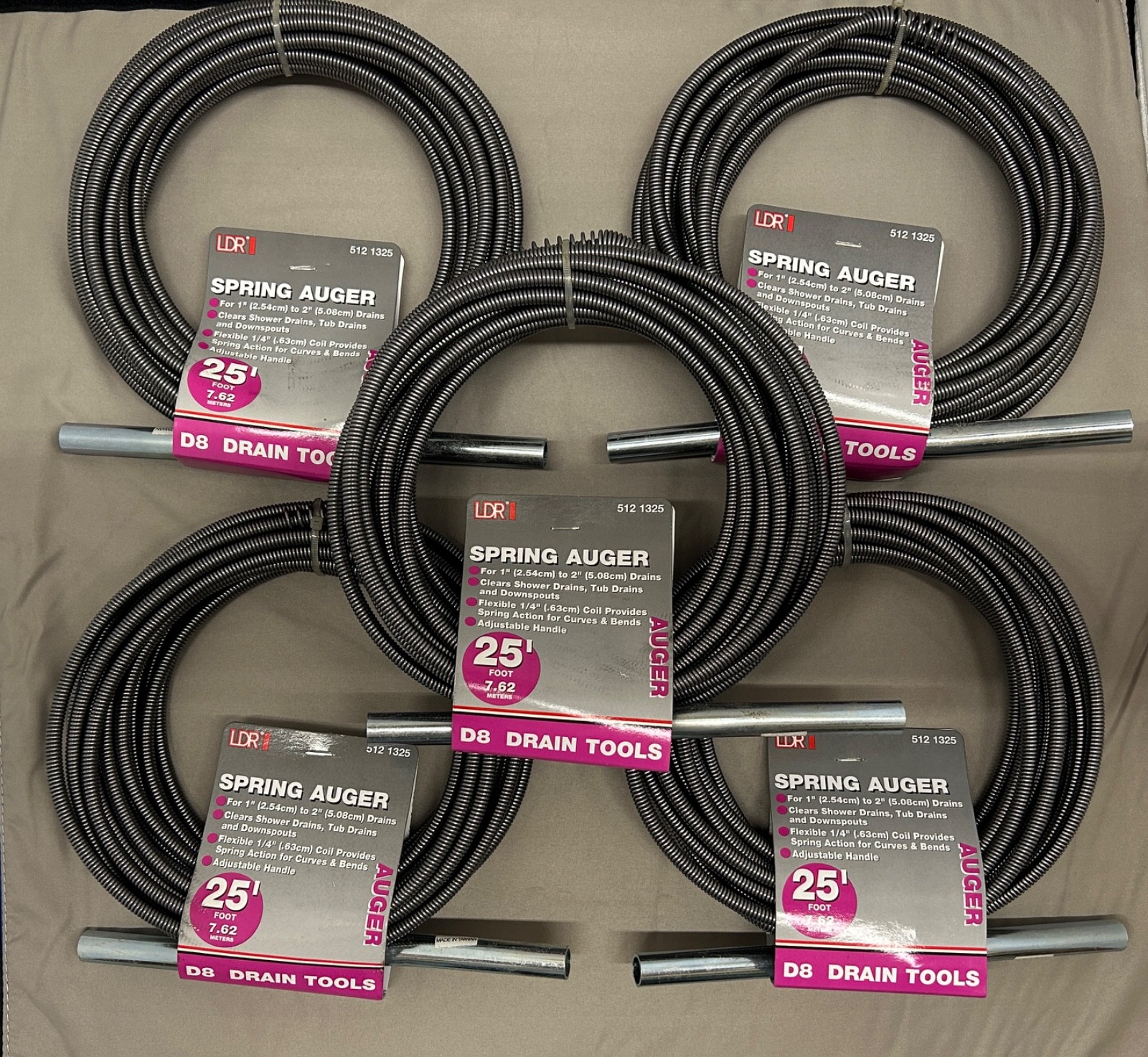 LOT OF 5 LDR 25' SPRING AUGER DRAIN CLEANING TOOLS  1/4" x 25' FOR 1"-2" DRAINS
