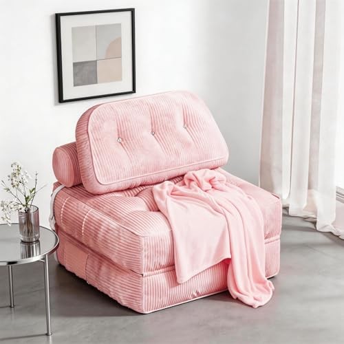 Folding Sofa Bed, Flannel Futon Couch Bed with Pillow and Blanket, Pink