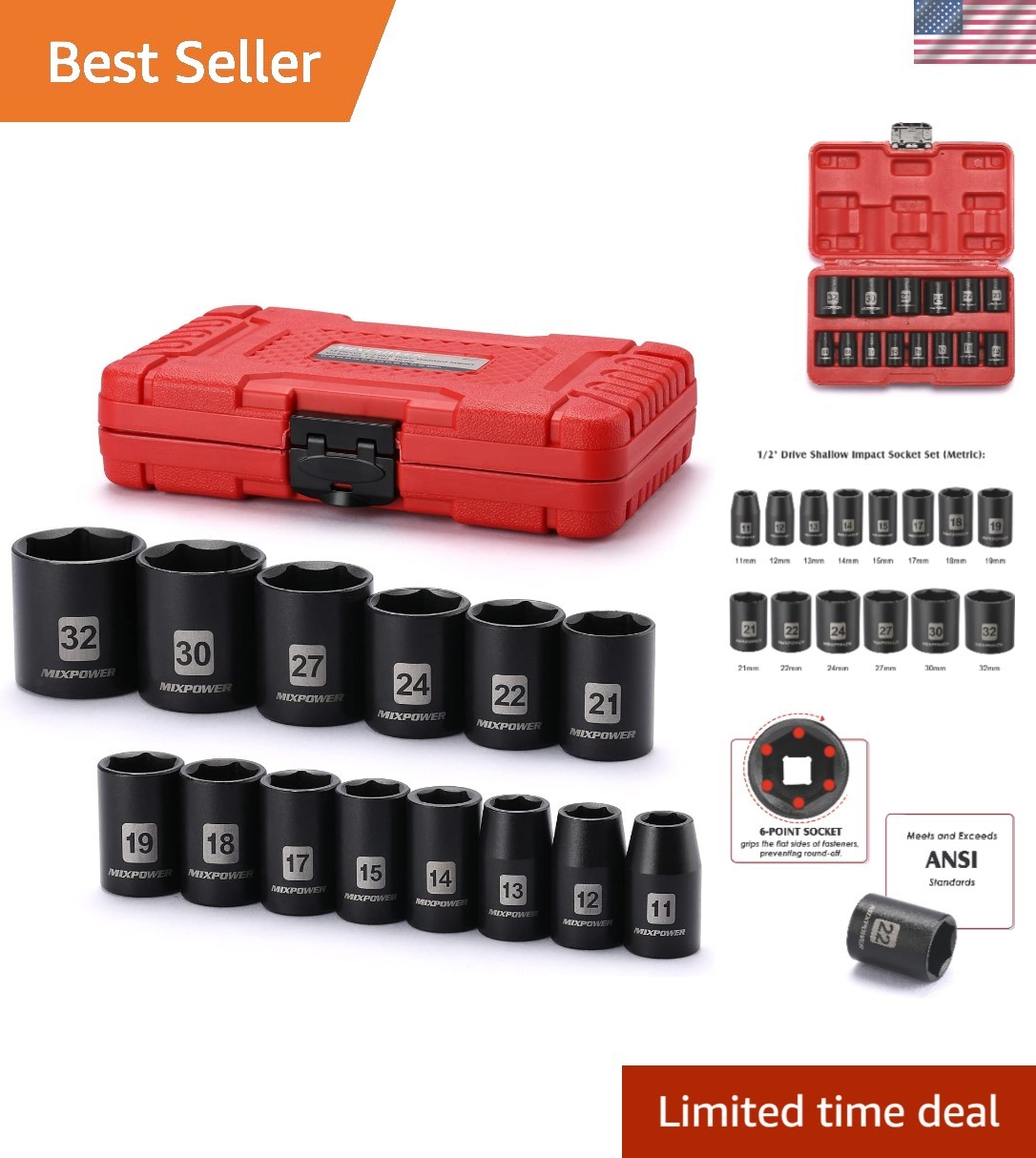 14 Pieces 1/2-Inch Drive Shallow Impact Socket Set, 11-32mm, CR-V, Metric, 6 ...