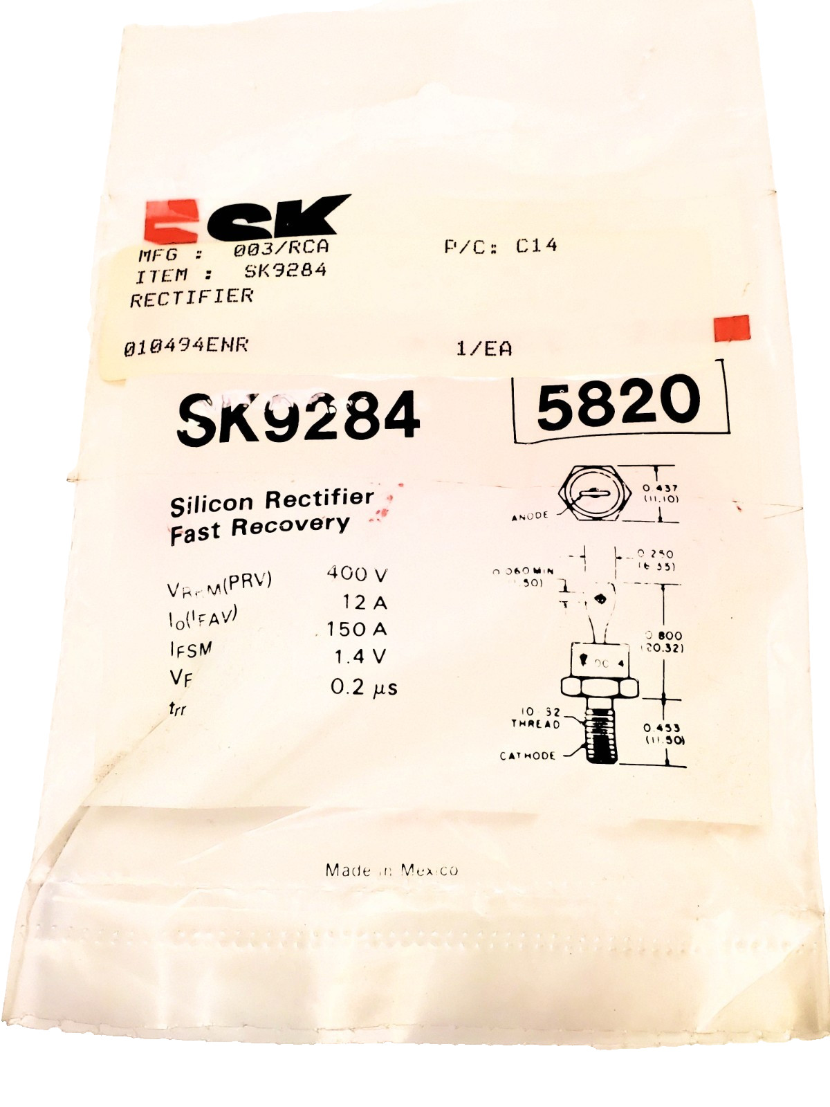 NTE5820 "Original" NTE Rectifier diode  Stud Mount  AKA SK9284 1 pc