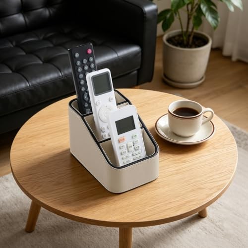 3 Compartments PU Leather Remote Control Holder, TV Remote Holder | Small Beige