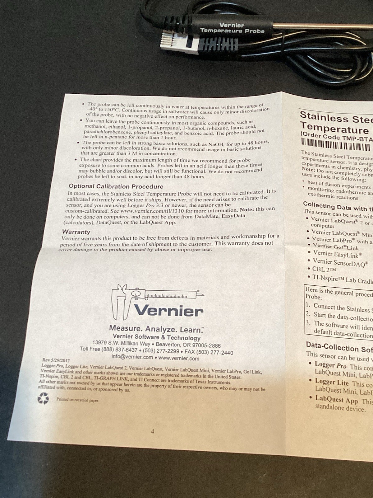 Vernier Stainless Steel Temperature Probe TMP-BTA