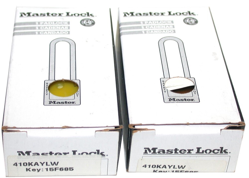 Lot of 2 Master Lock 410KAYLW Keyed Alike Yellow 410 Xenoy Safety Padlock Locks