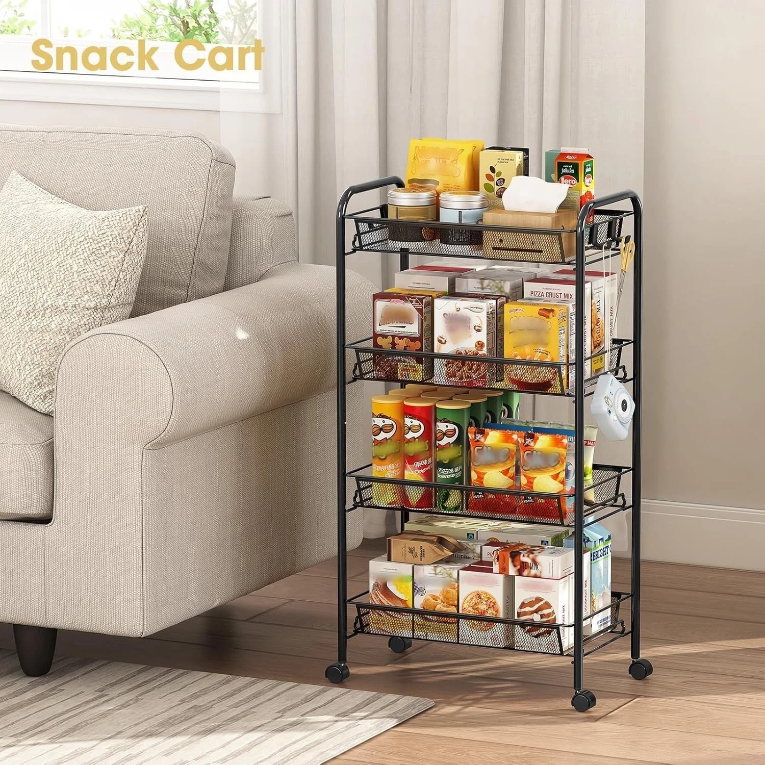 Compact 4-Tier Metal Utility Cart with 3 Hooks – Effortless Assembly & Mobility
