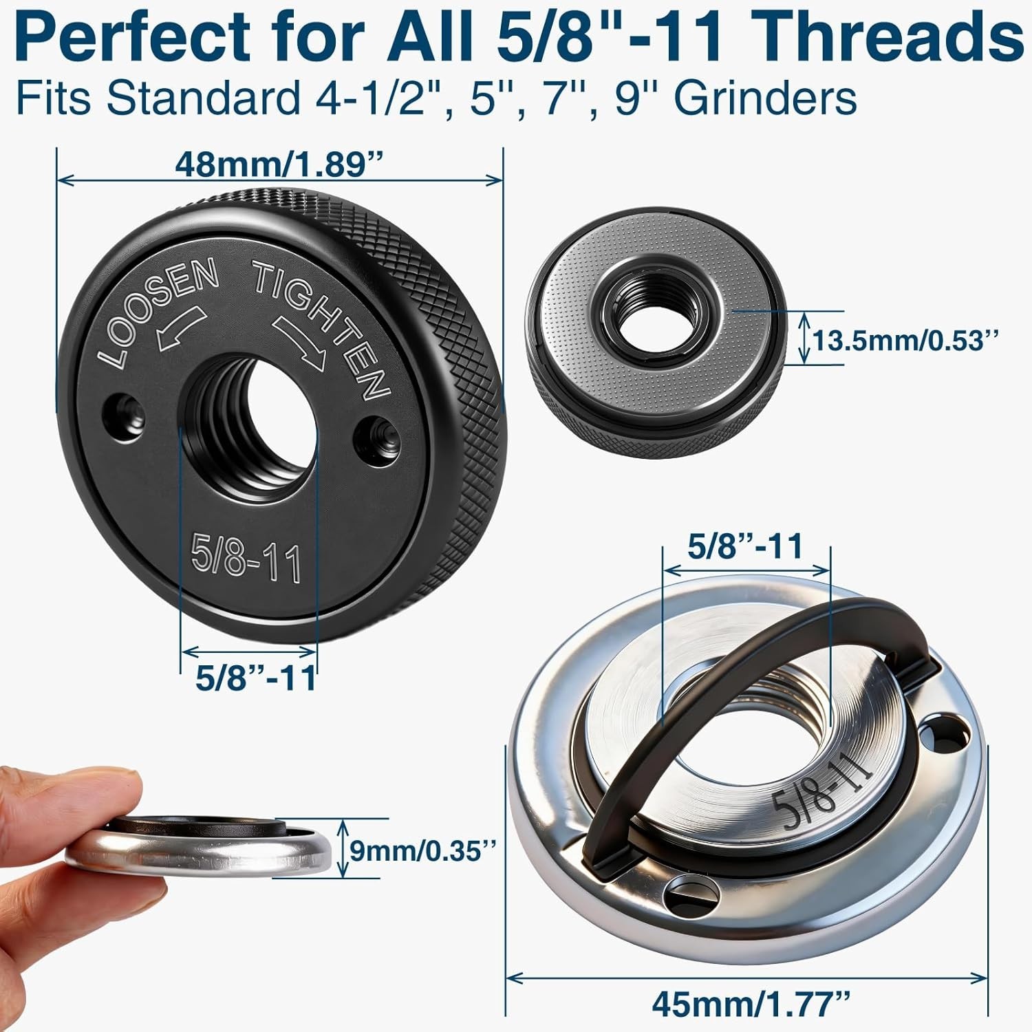 2-Pack 5/8"-11 Angle Grinder Flange Nuts, Tool-Free Quick Release Locking Kit, S