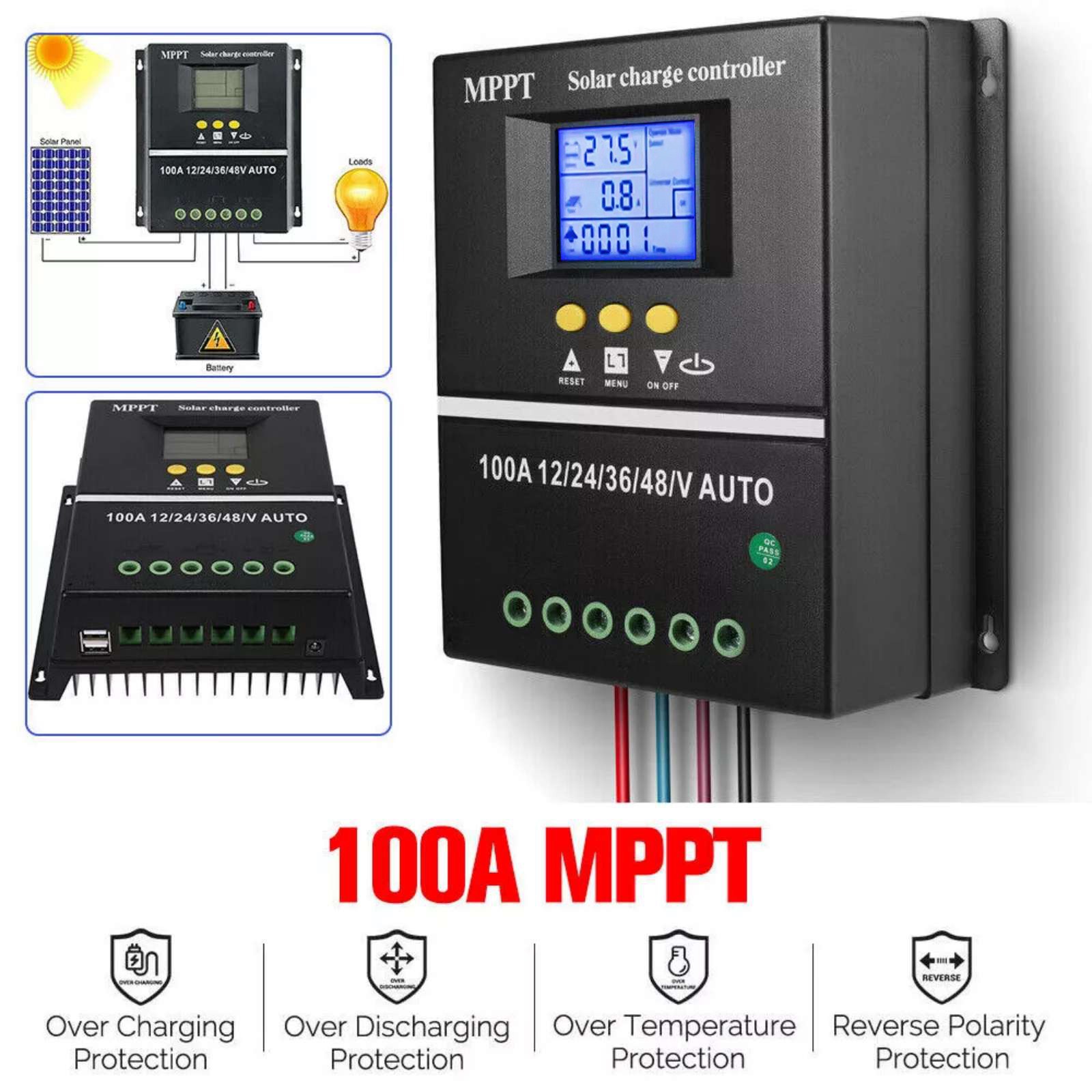 100A Dual USB MPPT Solar Charge Controller Inverter 12V 24V 36V 48V PV Regulator