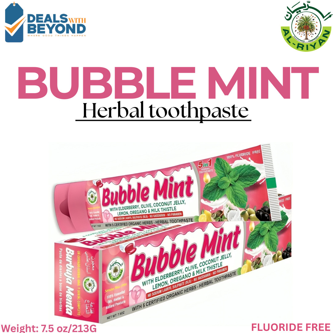 Organic bubble mint Herbal Toothpaste Al Riyan-5 In 1-Fluoride free 7.5 oz