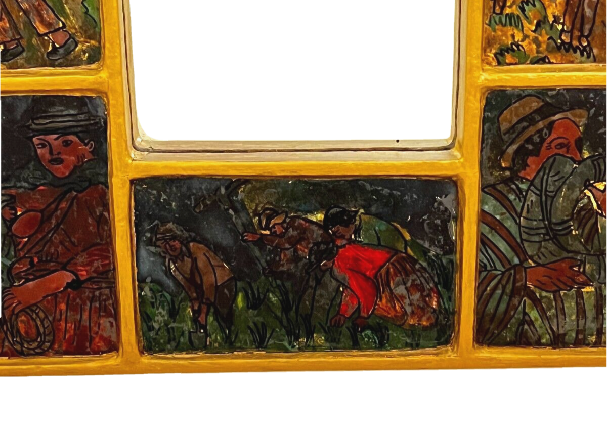 VTG Peruvian Folk Art Reverse Painted Figures 8 Panels Gold Gilt Mirror Frame