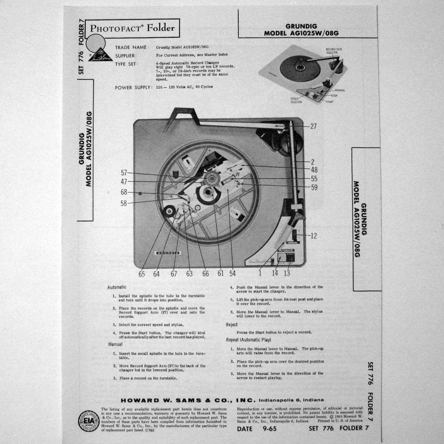 Grundig Model AG1025W AG1008G Turntable Record Phono SAMS Photofact ™ 1965 - New