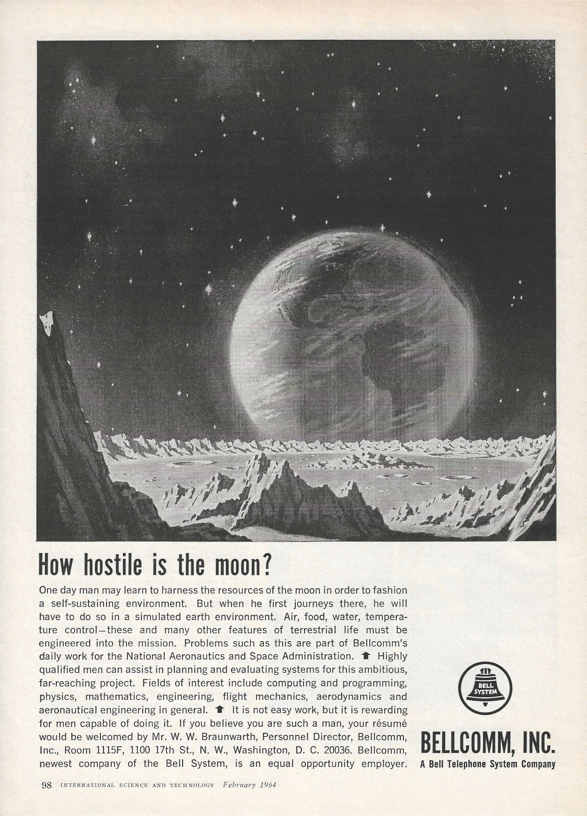 1964 Bellcom Print Ad ~ Recruiting for Work in the Moon Missions~ Space Race