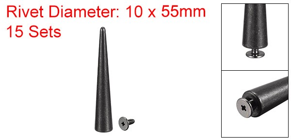 10x55mm Screw Back Rivets, 15 Sets Solid Leather Studs for DIY Black