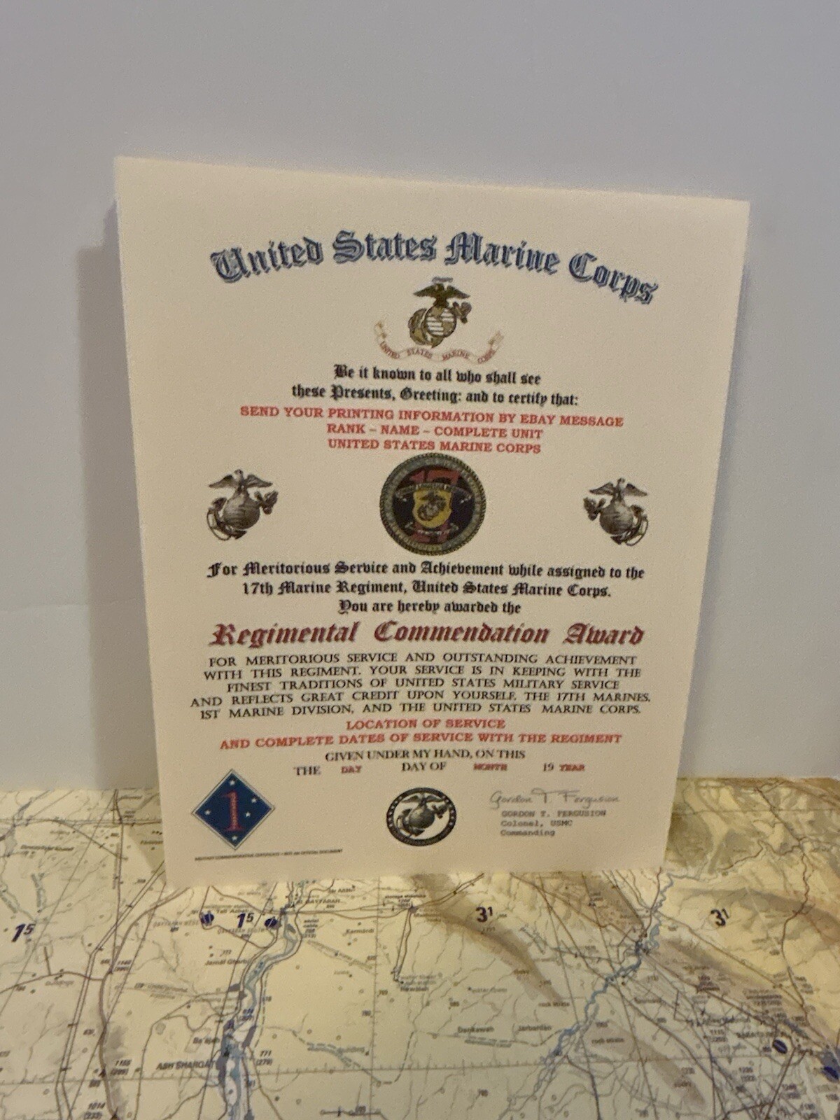 U.S.M.C. / 17TH MARINE REGIMENT - REGIMENTAL COMMENDATION AWARD CERTIFICATE