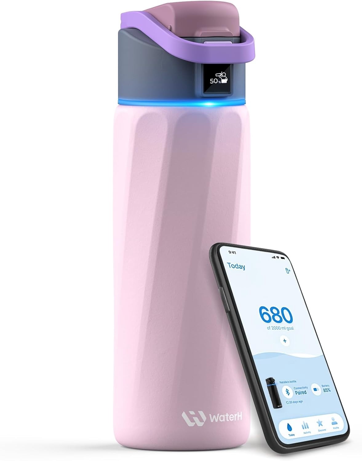WaterH Boost Smart Water Bottle, 24 oz, Pink Stainless Steel, Double-Wall Vacuum