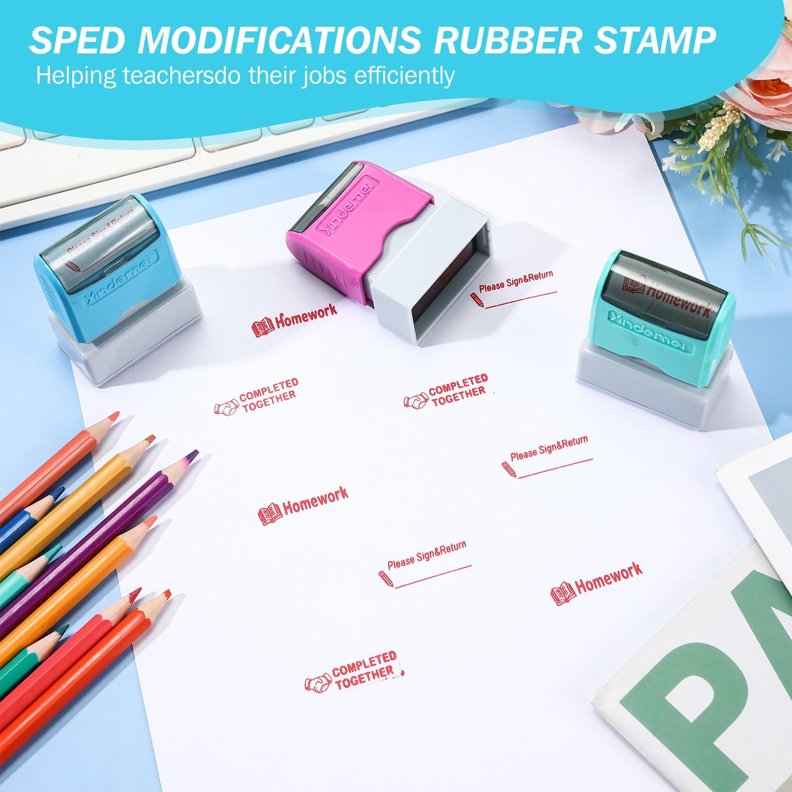 Teacher Stamps Set Self Inking Please Sign Return Homework Classroom 3 PCS
