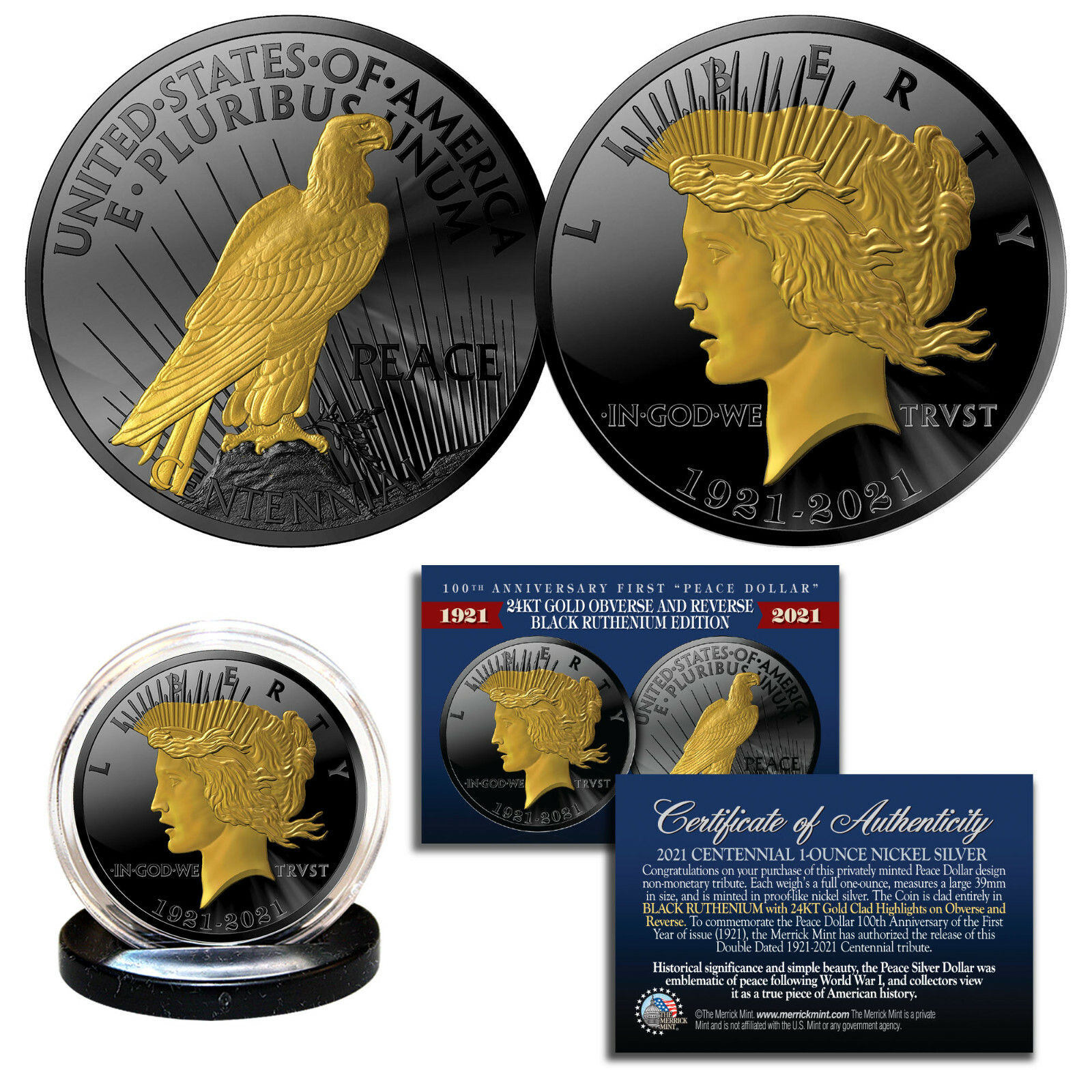 PEACE DOLLAR Tribute Coin 100th Anniversary 1 OZ. BLACK RUTHENIUM & 24K GOLD