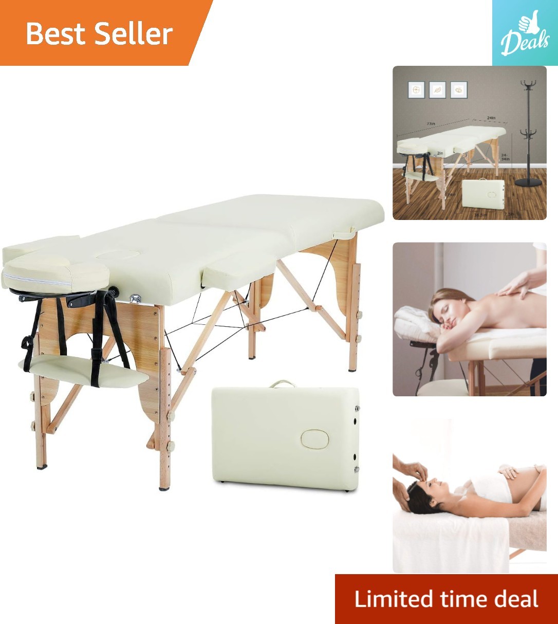 Cream Portable Massage Bed: 24-Inch, Height-Adjustable for Comfort & Convenience