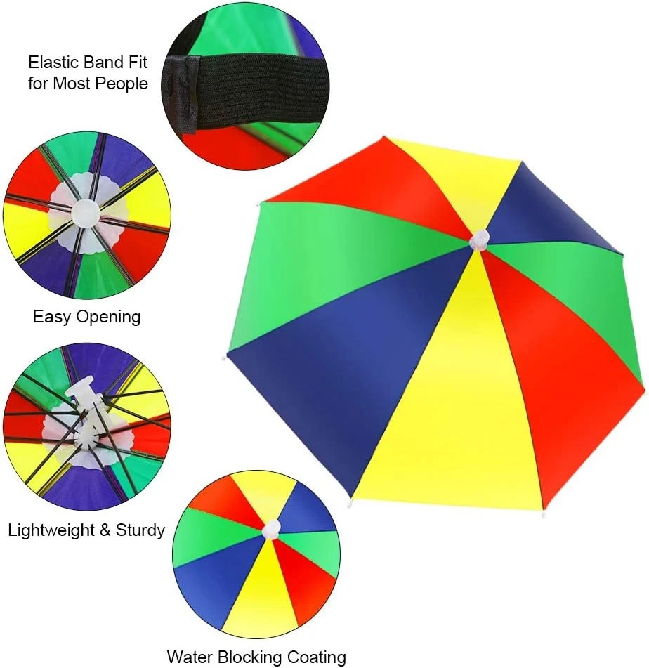 5 Pack Umbrella Hat with Elastic Band, Rainbow Waterproof Fishing Umbrella Hat