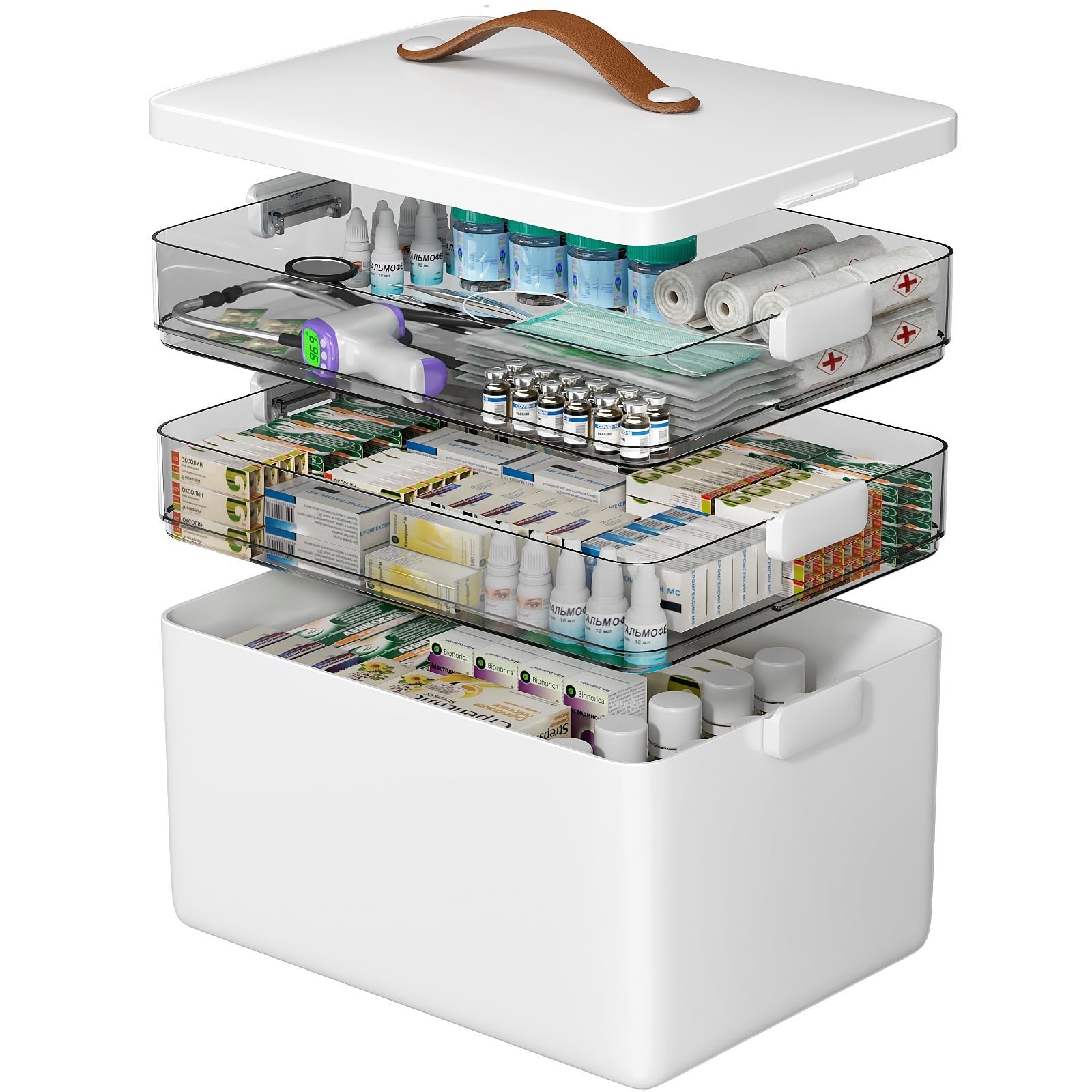 3 - Tier Medicine Organizer Cabinet – Portable First Aid Box with Leather Handle
