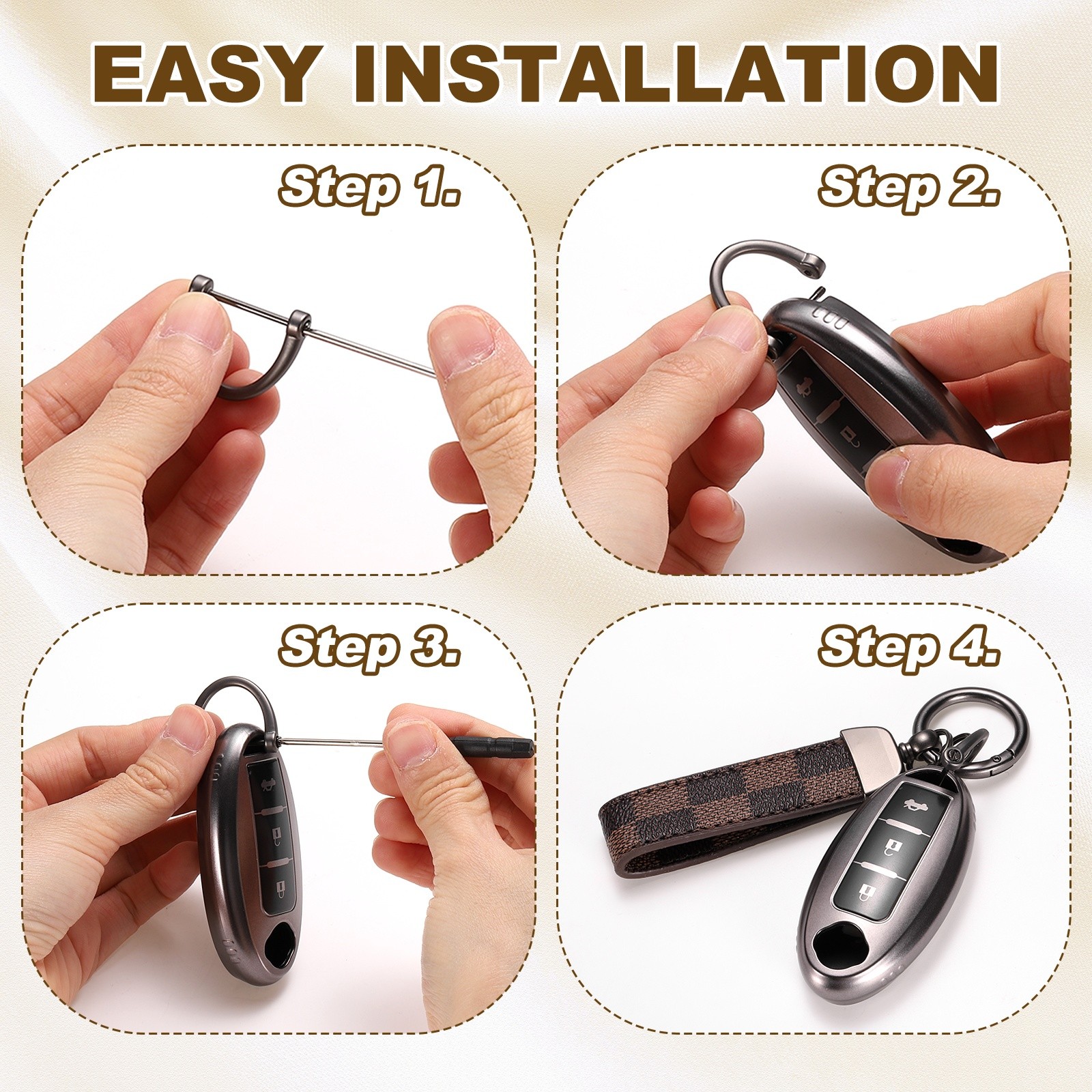 Car Key Chain Ring Clip 5.2" Leather Keychain Key Fob with D Ring, Gray