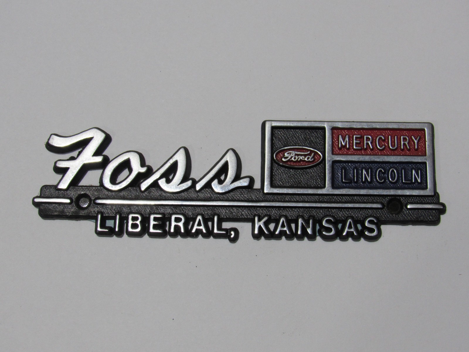 VTG Foss Ford-LM Liberal Kansas Metal Dealership Badge Emblem Tag Trunk KS RAre