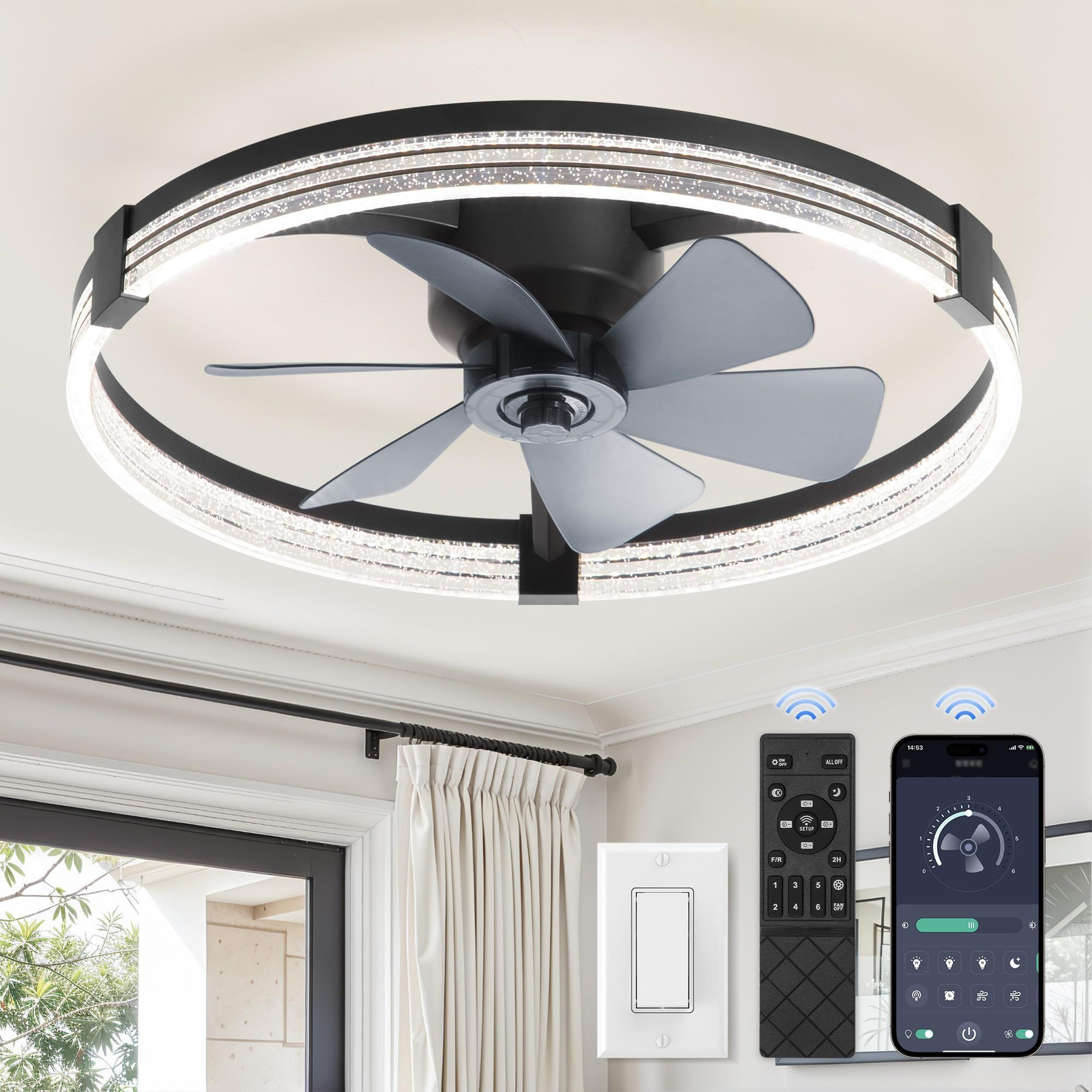 ZMISHIBO Ceiling Fan with Light and remote, 23'' Low Profile 23", Black
