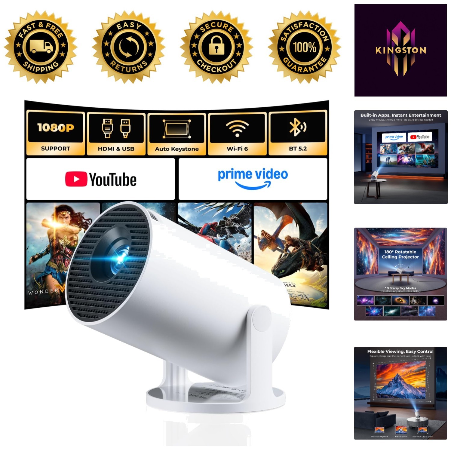 Full HD Portable Projector with Auto Keystone Correction & Starry Night Mode