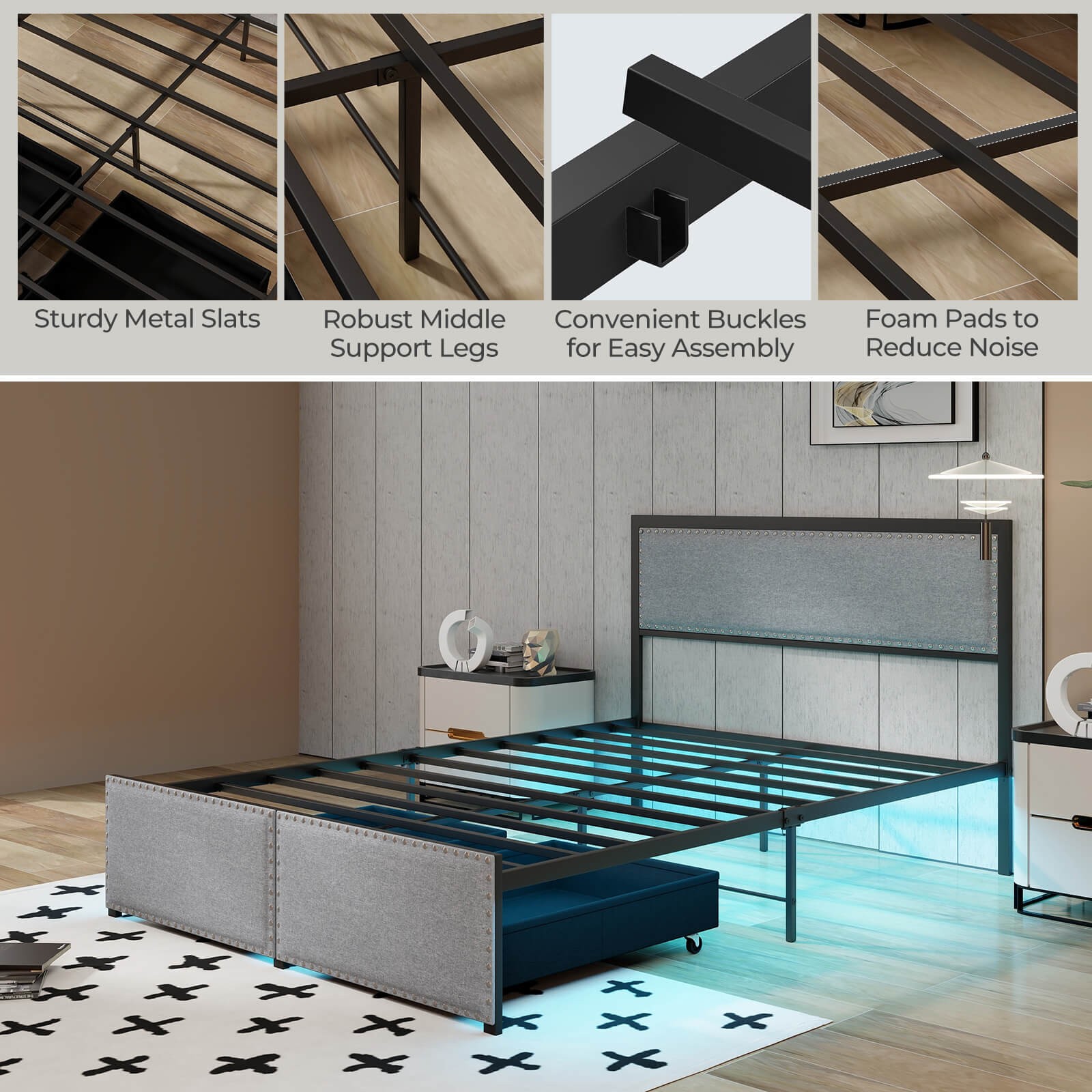 Full Size Bed Frame with 2 Storage Drawers LED Lights Slats Support Modern