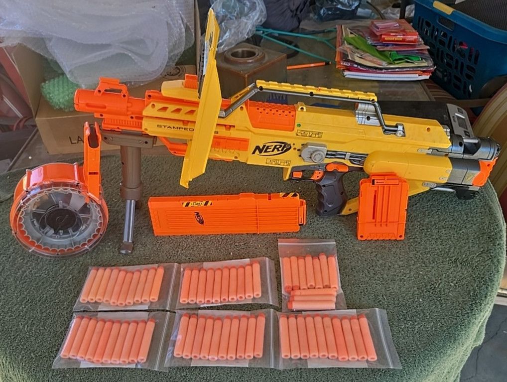 Nerf Stampede ECS Foam Dart Gun w/Shield, Bipod, Drum Mag, 18/6 Cap Mags & Darts