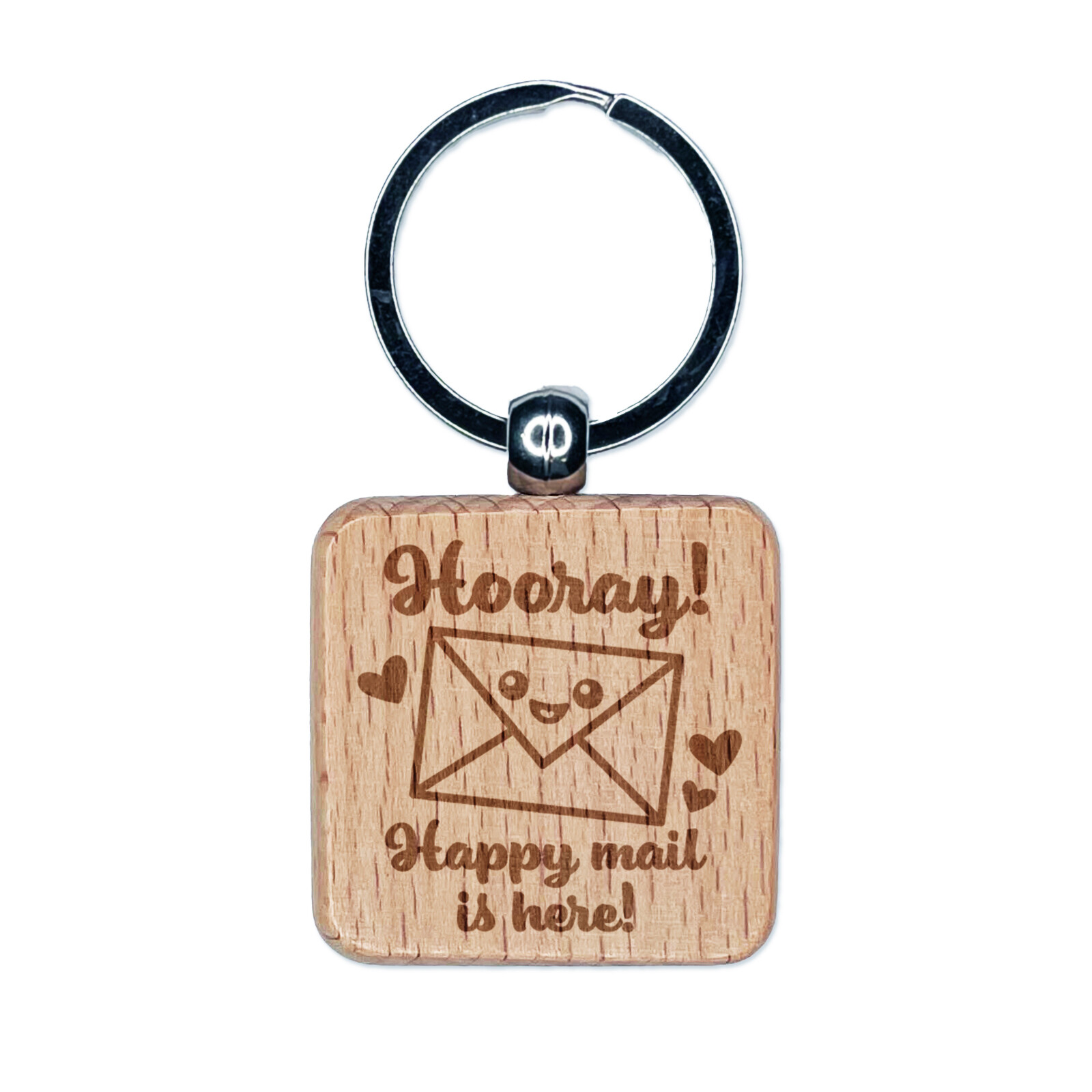 Hooray Happy Mail is Here Engraved Wood Square Keychain Tag Charm