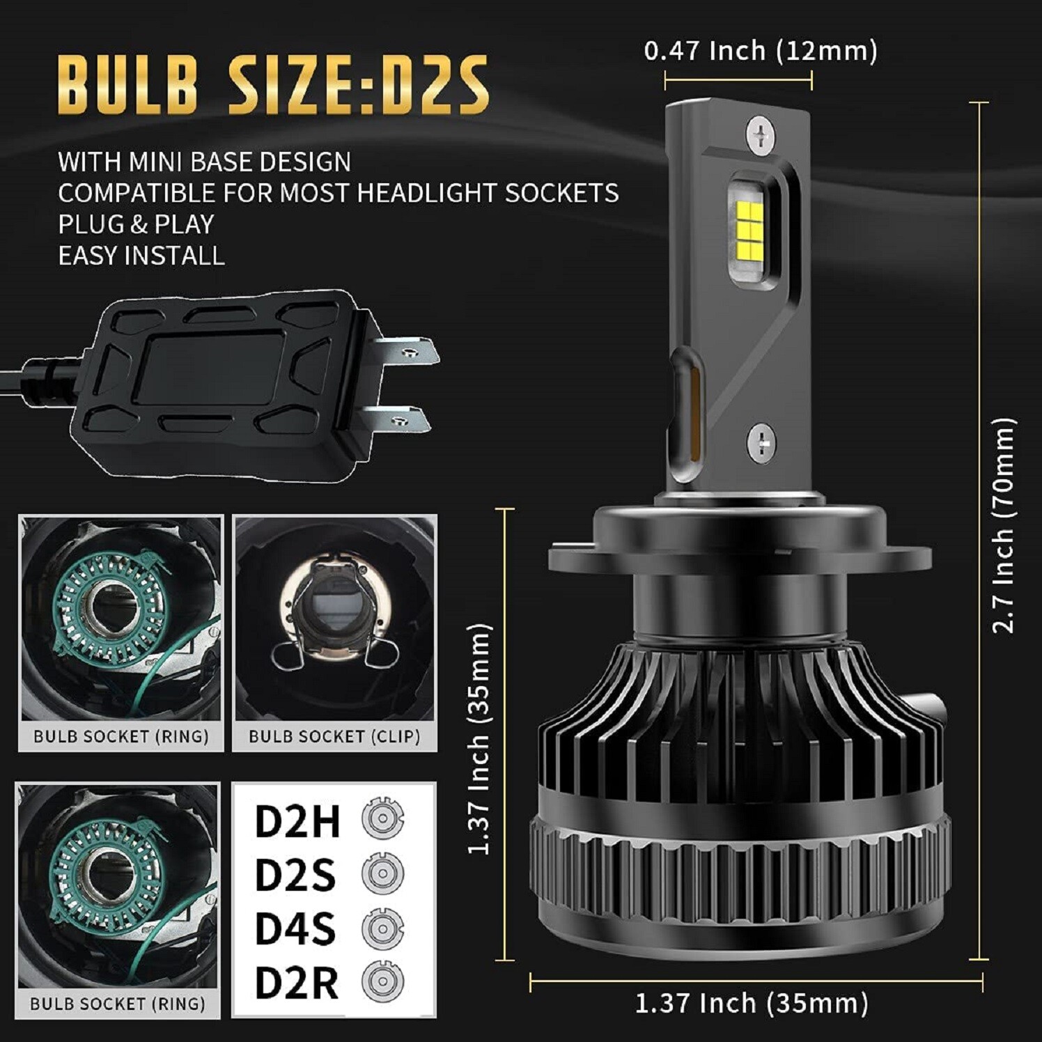 VLAND D2S D2C D2R D2H LED 2*Headlight Bulbs 6000K Hi/Lo Beam White Super Bright