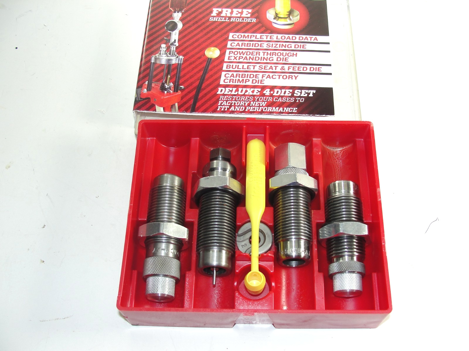 LEE DELUX PISTOL DIE SET 45 ACP-45 AUTO RIM CARBIDE W/CARBIDE FACTORY CRIMP USED