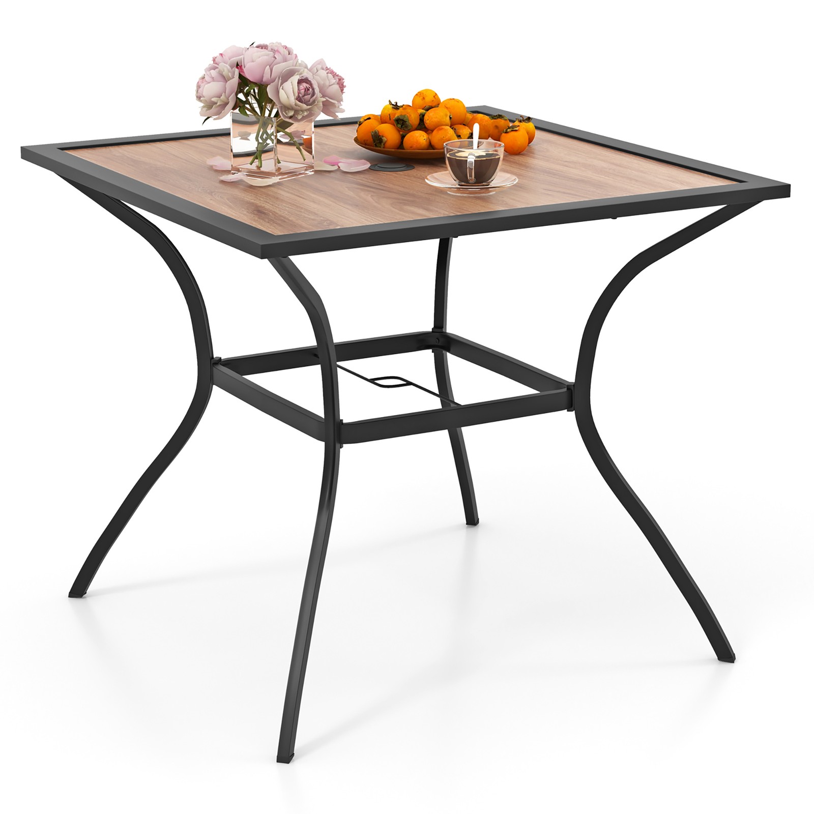 Patio Table for 4 People w/ Umbrella Hole Wood-Like Tabletop Metal Support Legs