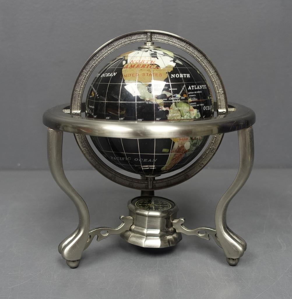 Rotating World Map Table Globe Black/Brush Silver 3-Leg Stand 7.5"D M.O.P. Inlay