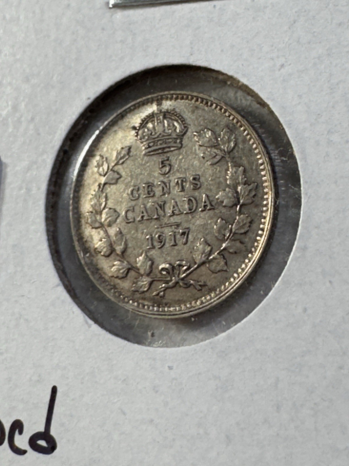 1917 Canada 5 Cents Small Silver Coin Cleaned