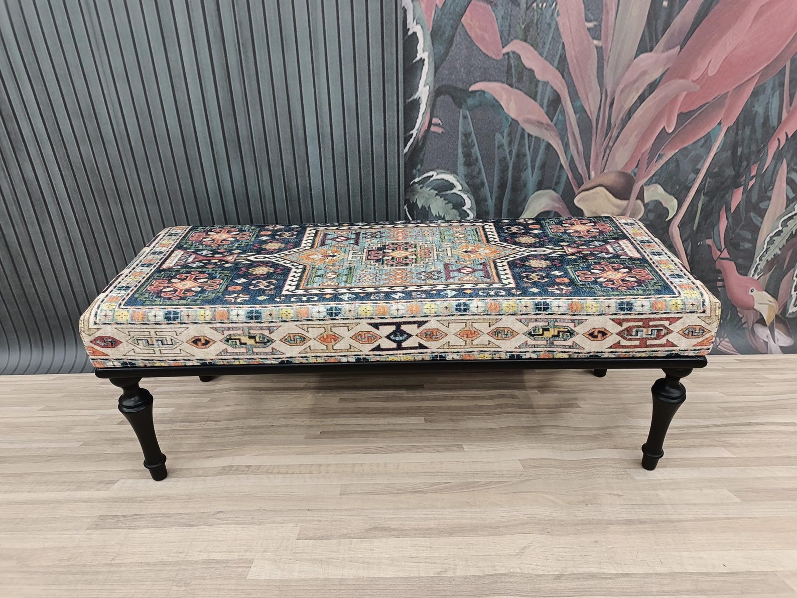 Kilim Pattern Printed Rug Upholstered Piano Bench, Entry Bench, Dining Bench