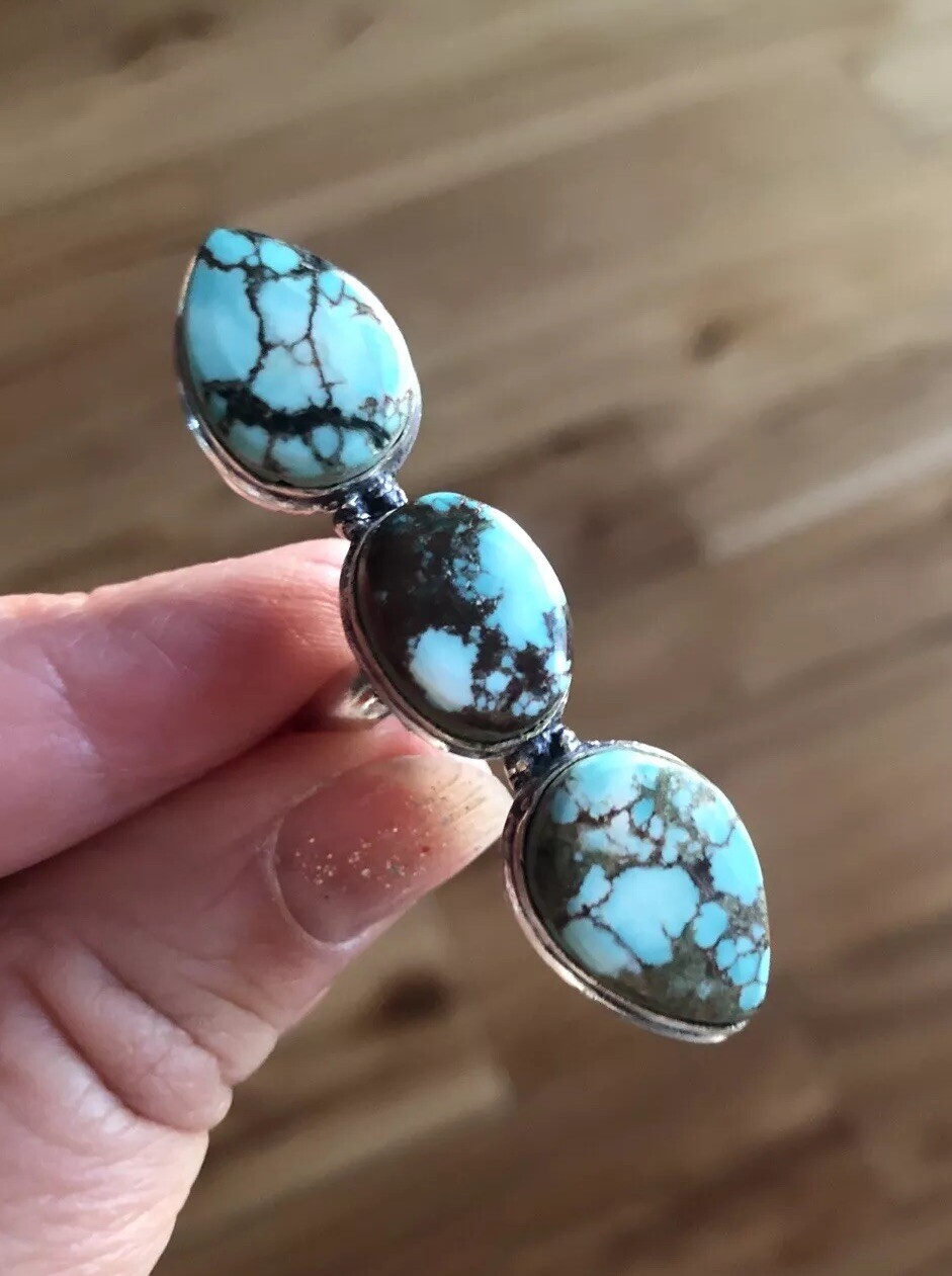 Blue Aqua Chocolate Turquoise 3-Stone Ring Size 6.5 Artisan Southwest