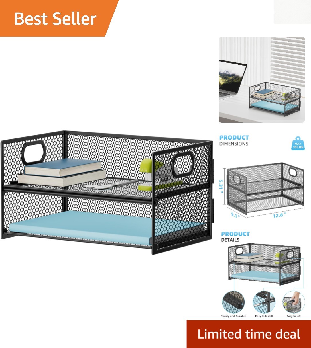 Elegant Black Mesh 2-Tier Letter Tray - Perfect for Home Office Organization