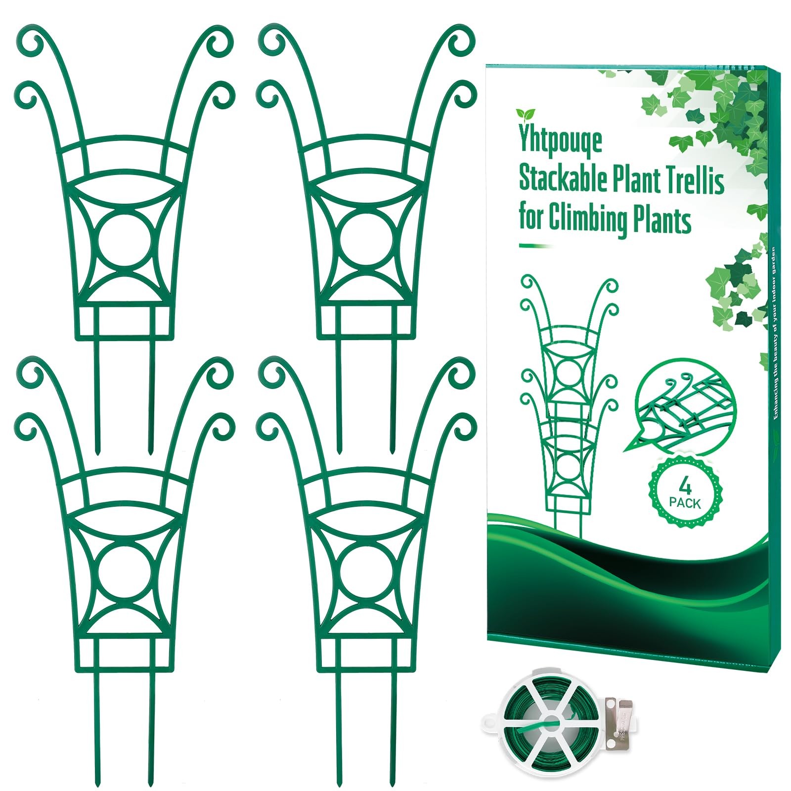 4 Pack Stackable Plant Trellis for Climbing Plants, 4 Pack, Green