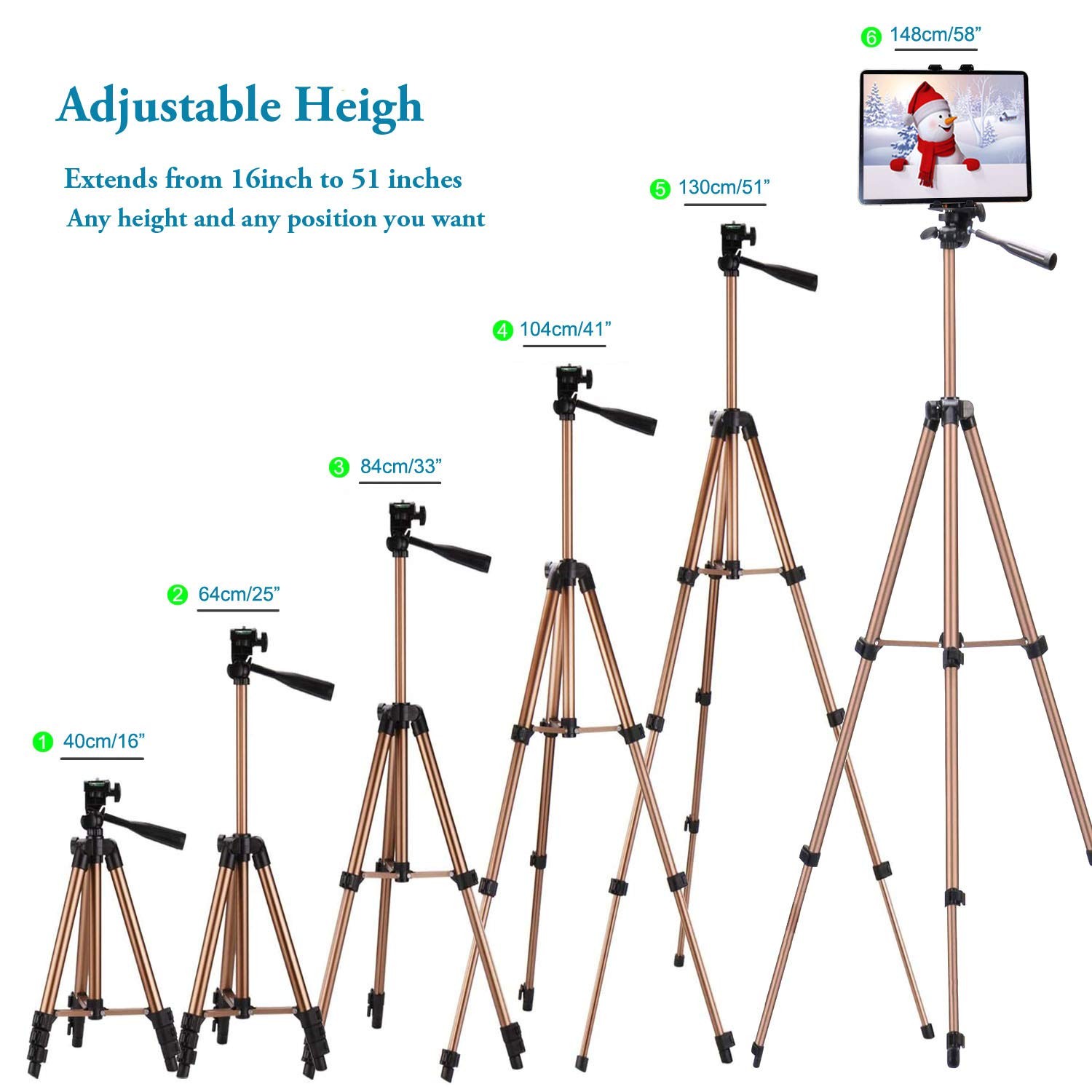 IPad Tripod Stand Universal Mount Holder 51in Lightweight with Bluetooth Remo...