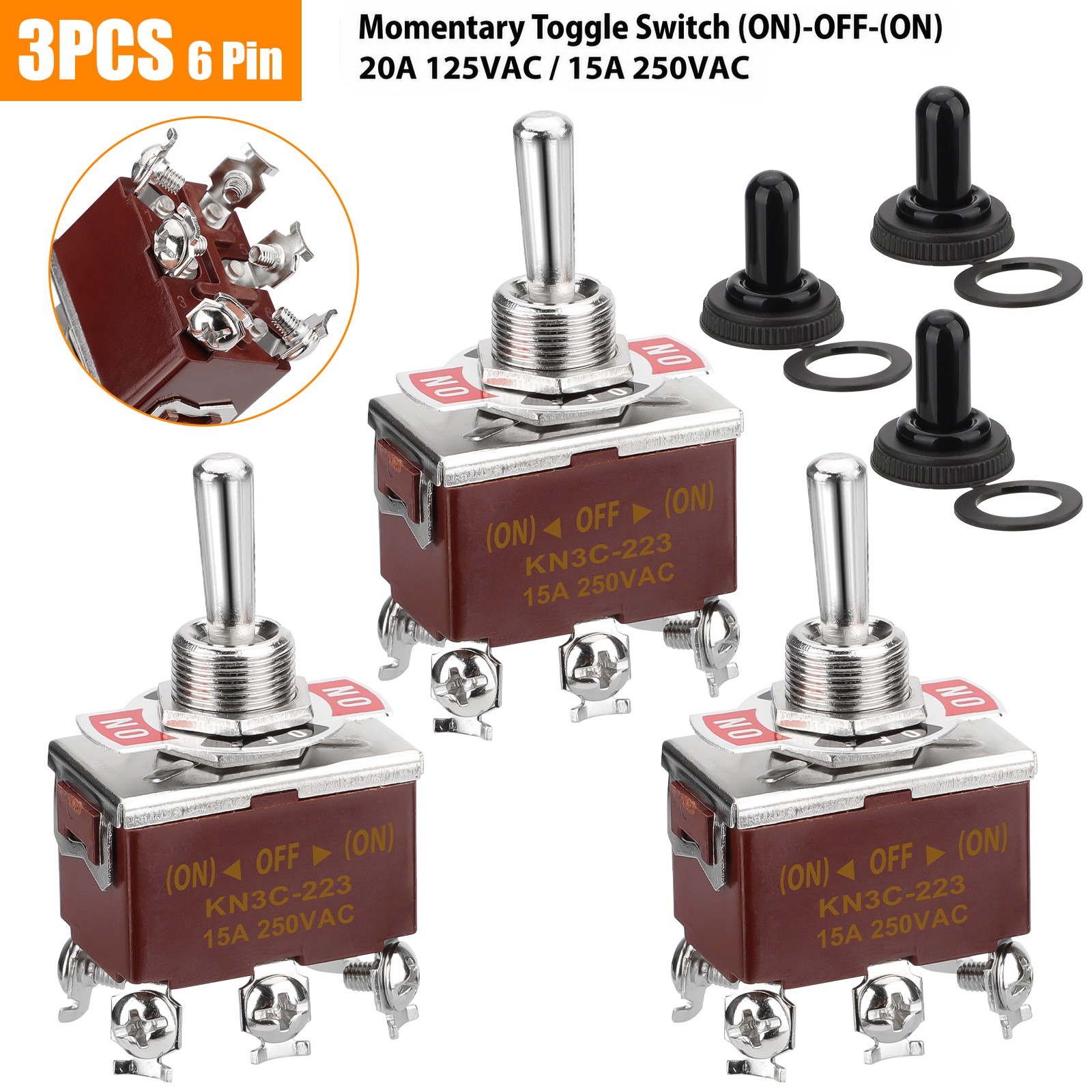 3pcs 6Pin Heavy Duty Momentary DPDT ON/OFF/ON Toggle Switch 20A 125V Waterproof