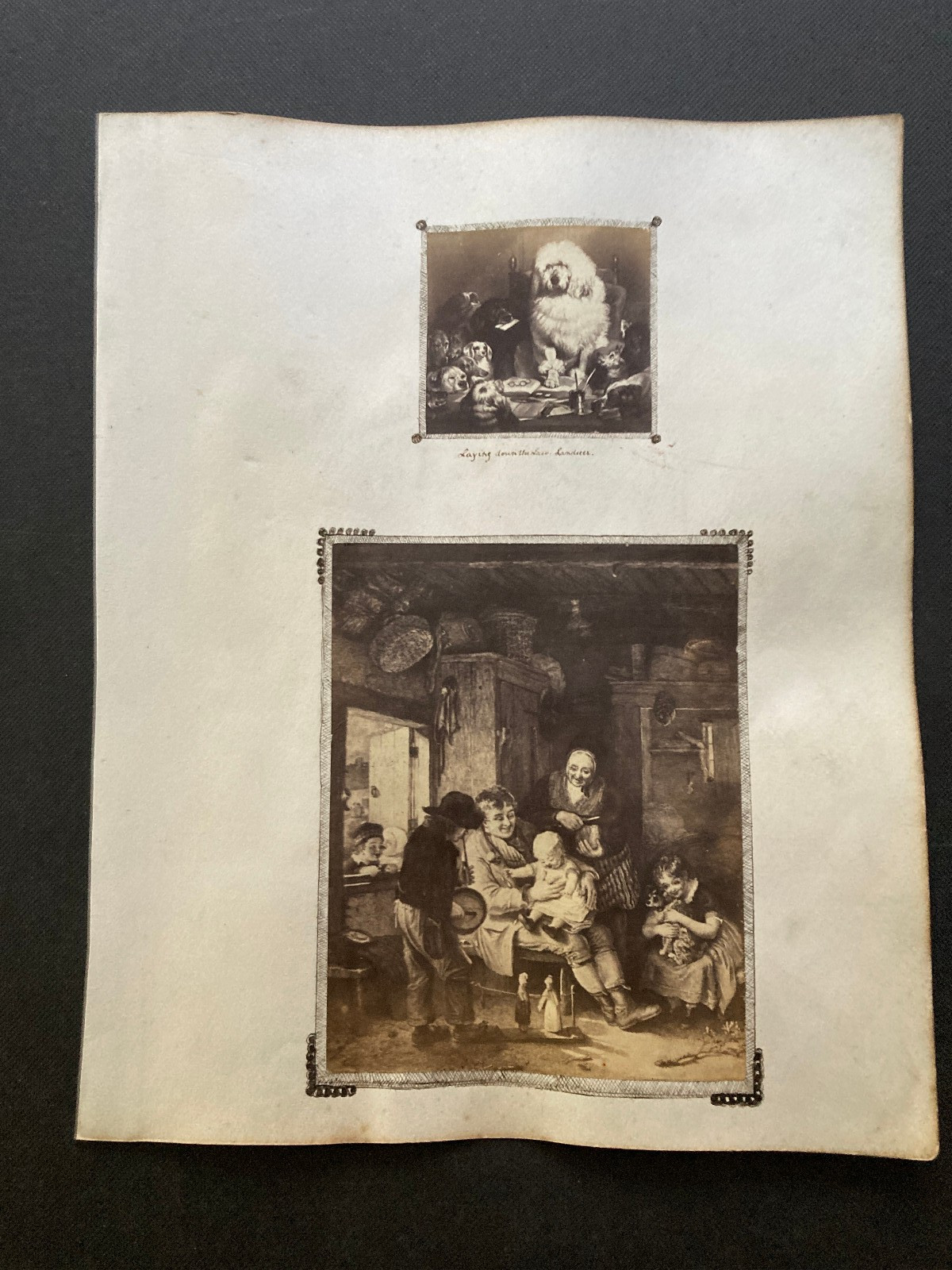 Victorian pen and ink border work around albumen art prints birds Landseer
