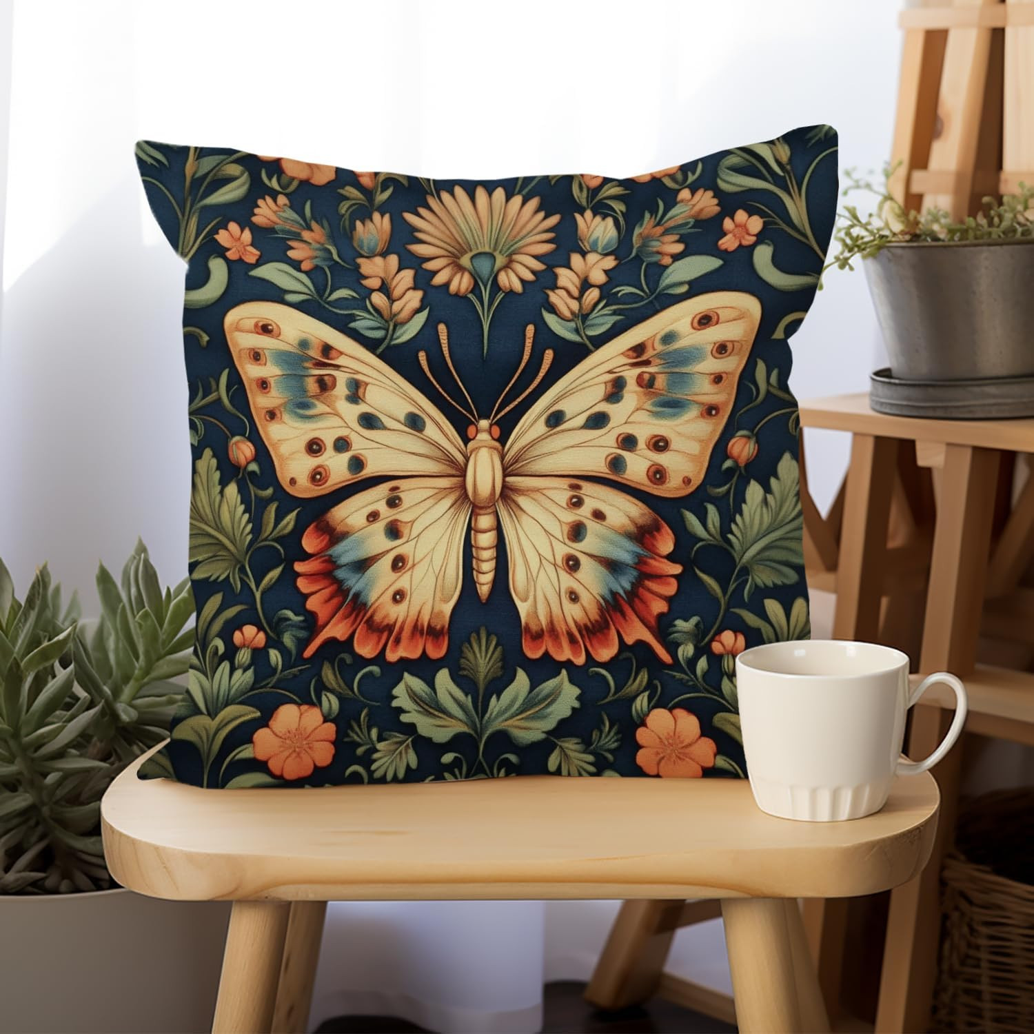 Vintage Butterfly Flowers Decorative Throw Pillow Cover William Morris Inspired-
