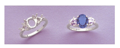 8x6-9x7mm Oval W/Two 6mm Trillion Accents Sterling Silver Ring Setting Size 7