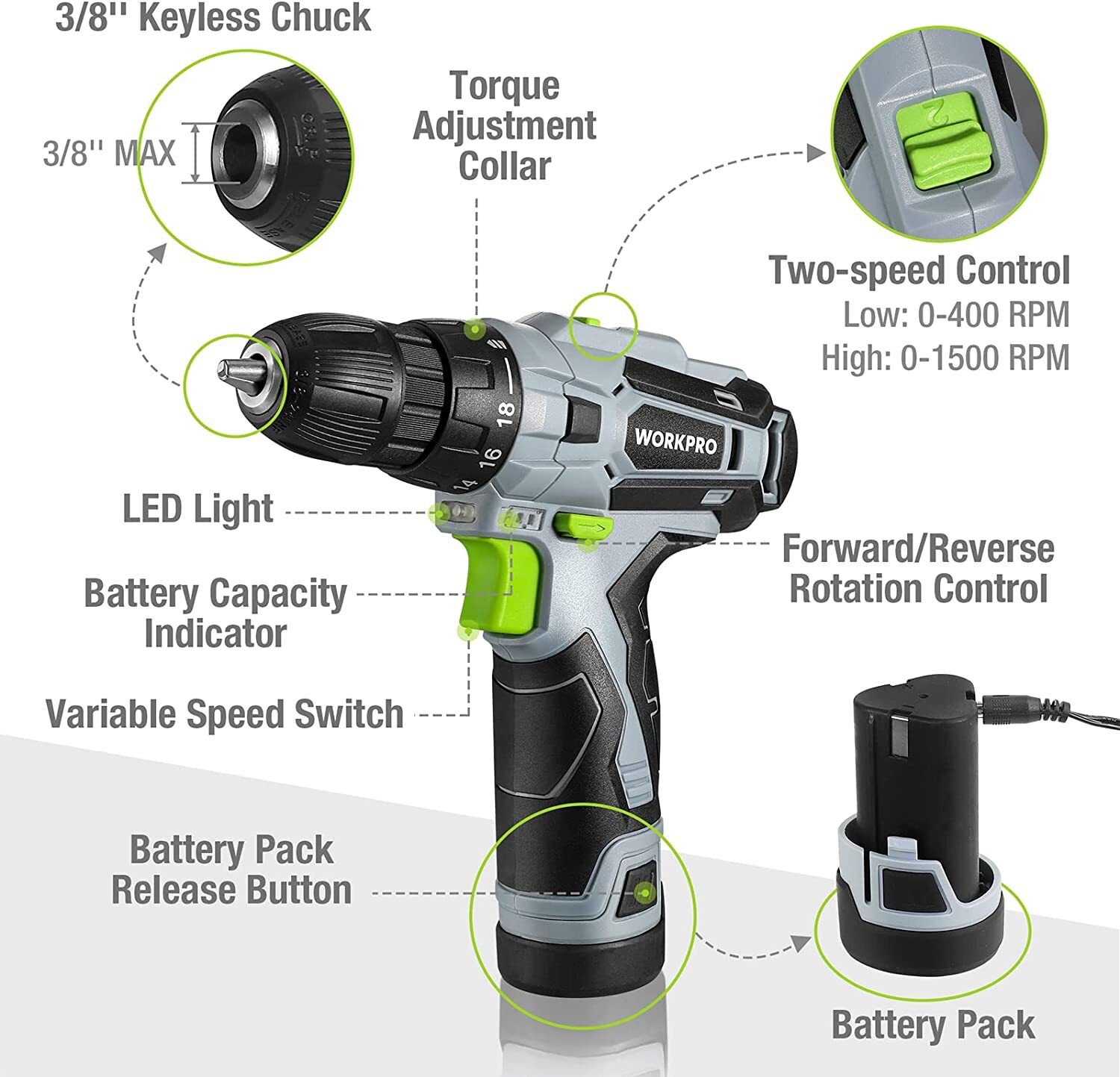 WORKPRO Cordless Drill Driver Kit 12V Screwdriver Driver Tool Kit Green/Pink NEW