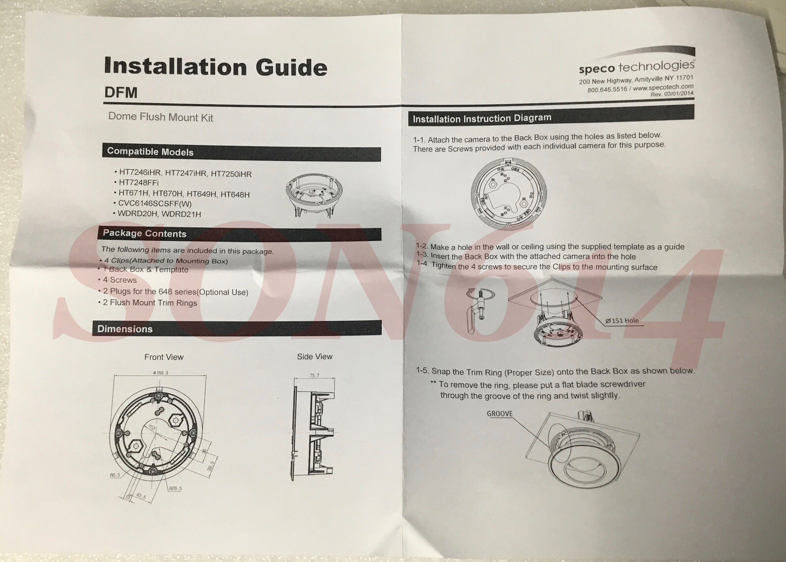 Speco Technologies DFM Tile Ceiling Flush Mount Kit For Dome CCTV Cameras NEW!