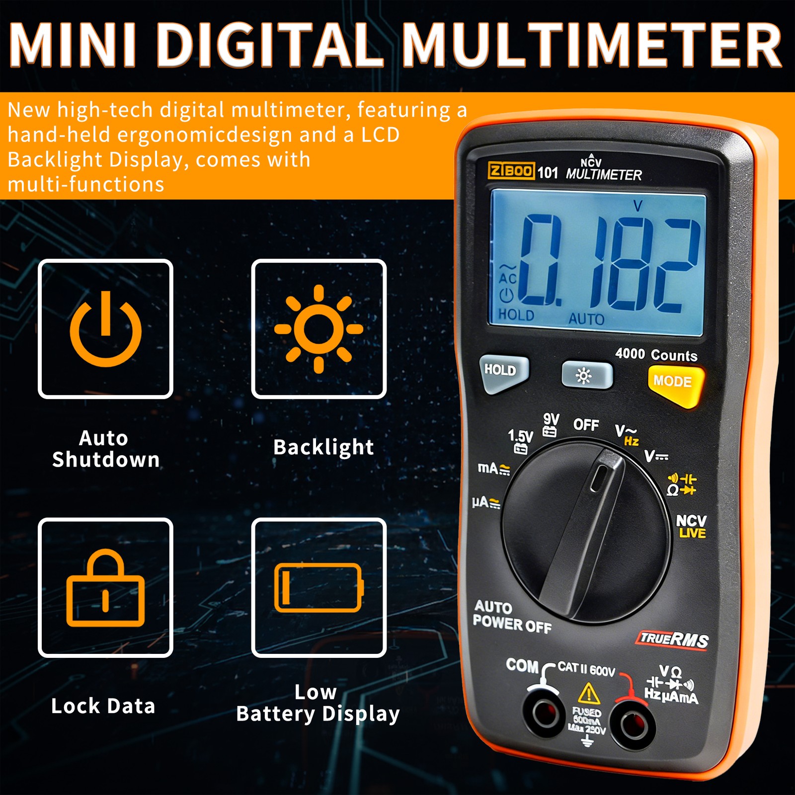 ZIBOO 101 Mini Digital Multimeter TRMS Pocket Multi Tester AC/DC Current NCV