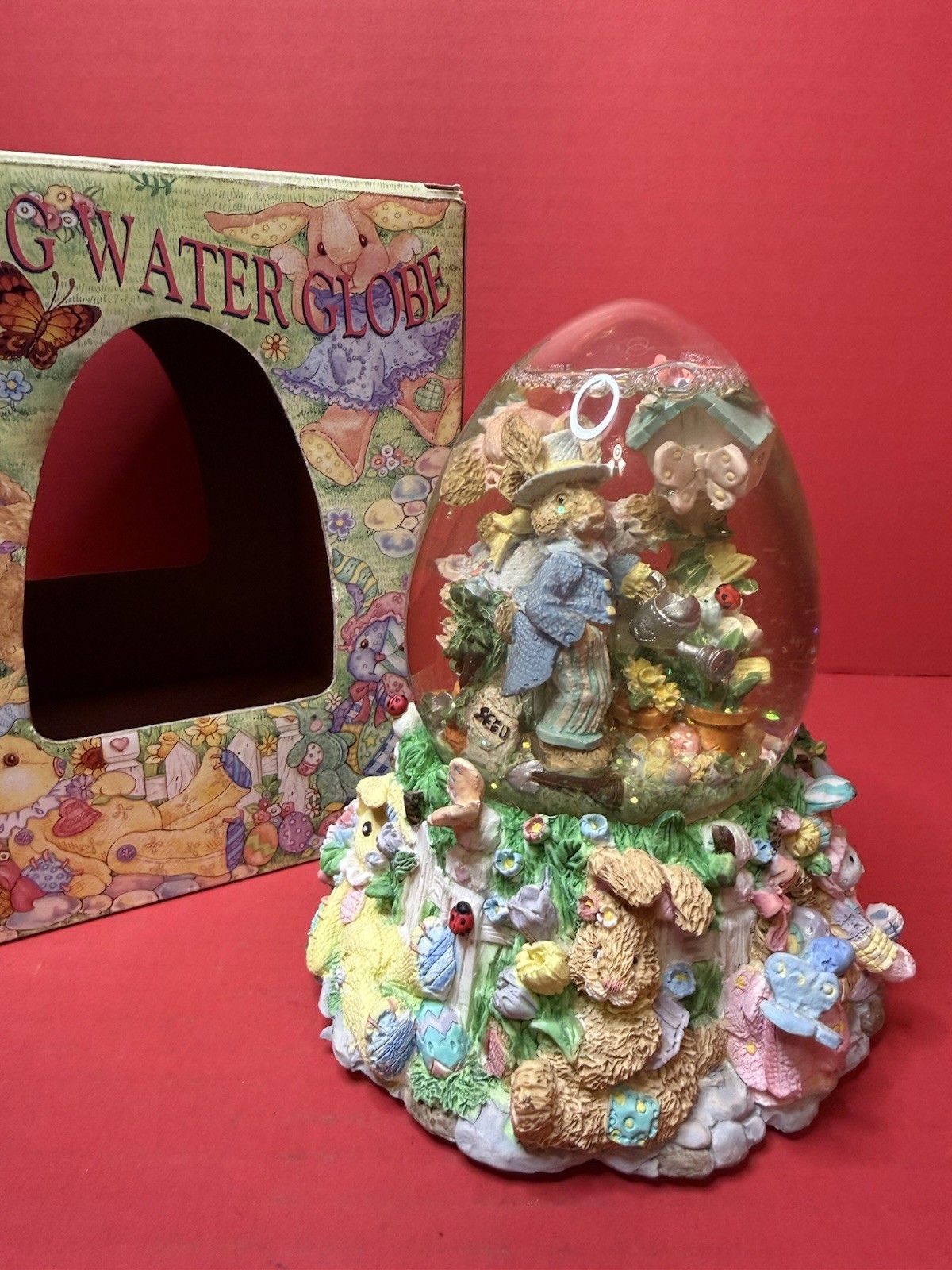 NIB Easter Egg Spring Snow Globe Bunny Rabbit “Peter Cottontail” Musical Box