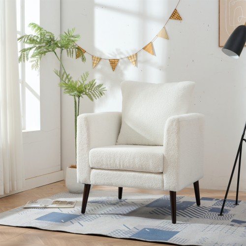White Teddy Fabric Upholstered Club Chair Solid Wood Legs Lumbar Pillow Single