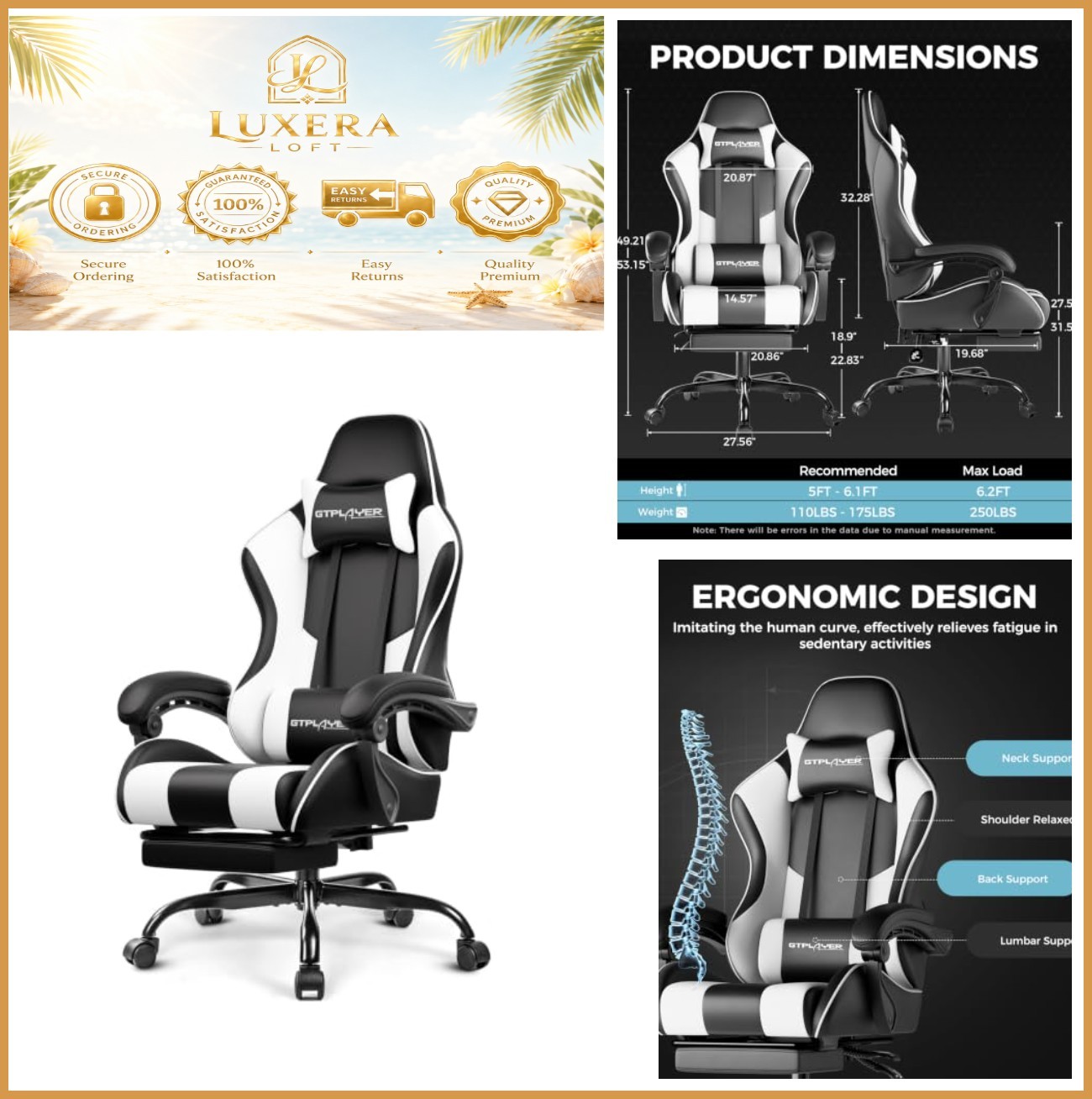 Gaming Chair with Footrest Lumbar Support Height Adjustable Swivel Pearl White